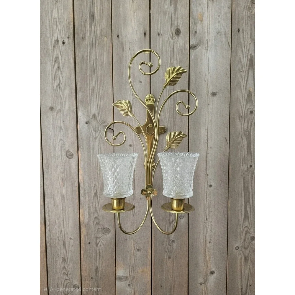 Vintage Brass Double Wall Sconce Botanical Leaf Design with Cut Glass Votives